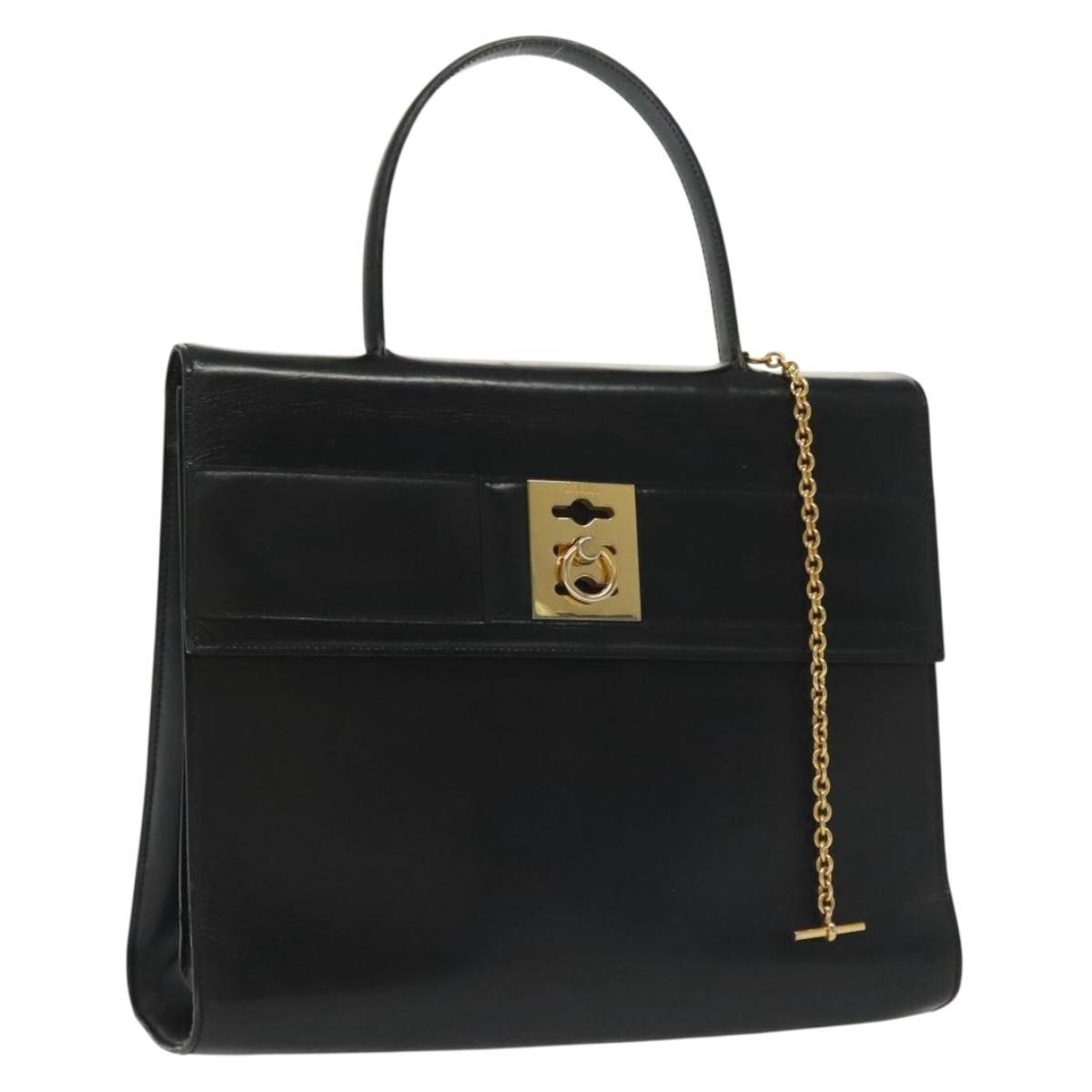 Celine Hand Bag Leather Black Gold Auth 139446